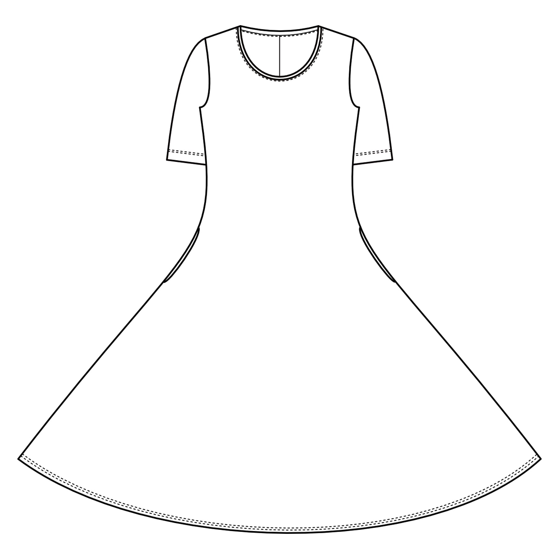 Kepeän kellomekon piirroskuva. Mekossa on kellohelma, joka lähtee vyötäröltä levenemään kohti helmaa. Molemmilla puolilla sivusaumassa on taskut, ja mekossa on t-paitamalliset lyhyt hihat.