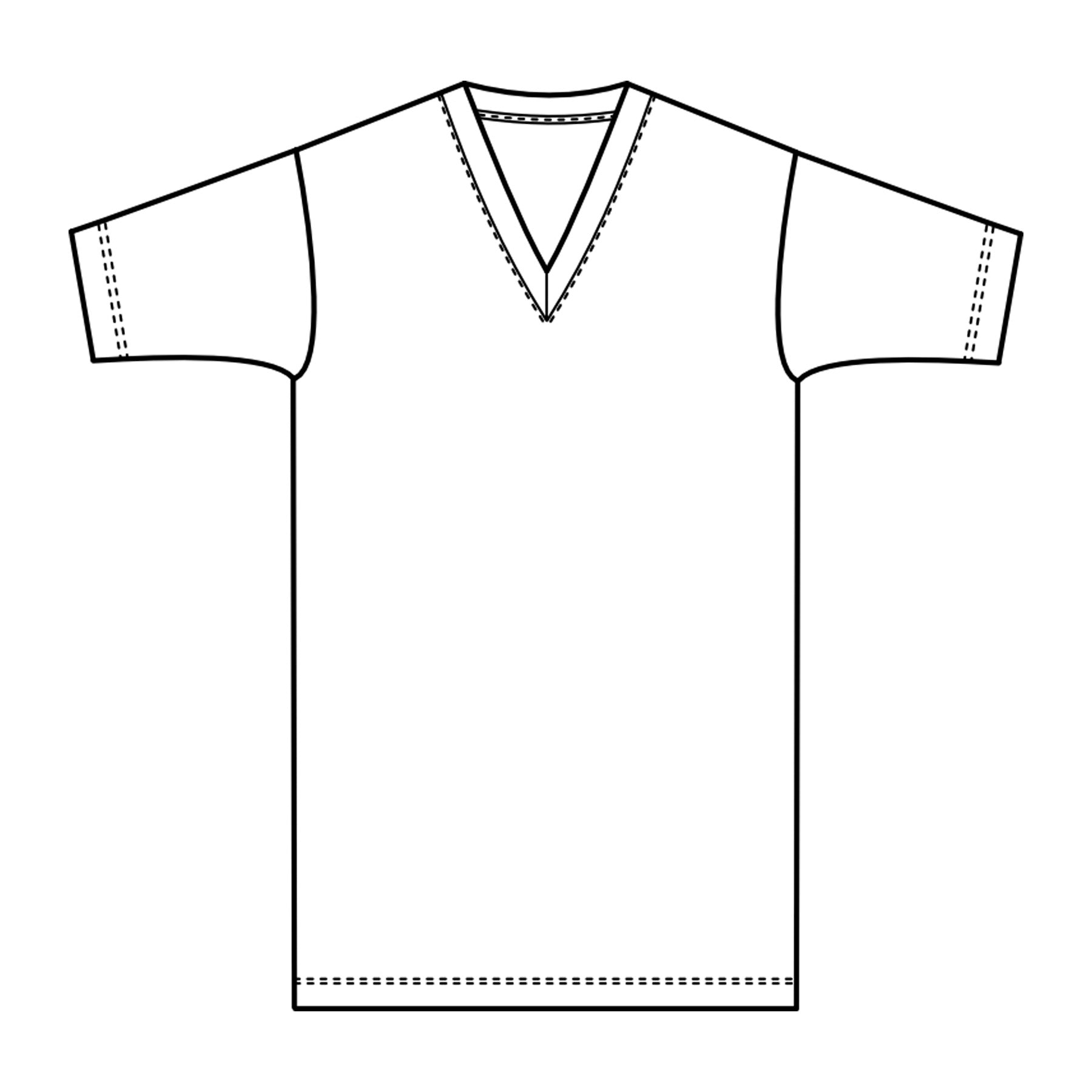 Piirroskuva Jokapaikan t-paidasta. Kuvassa näkyy piirrettynä t-paidan muoto, v-pääntie ja suora malli lyhyillä hihoilla.