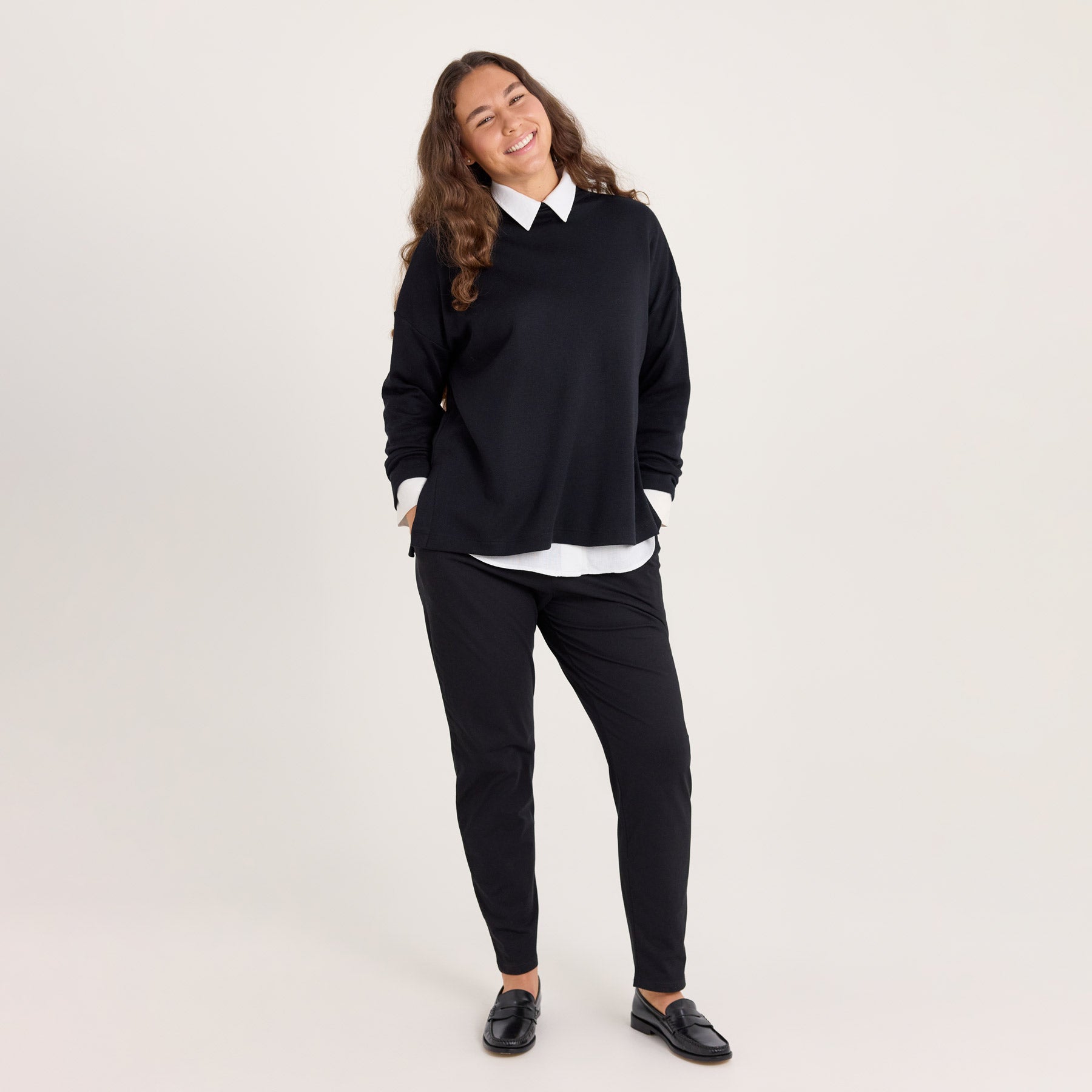 Mustan värinen kaulusneule yhdistettynä mustiin Jokapaikan housuihin ja valkoiseen kauluspaitaan.