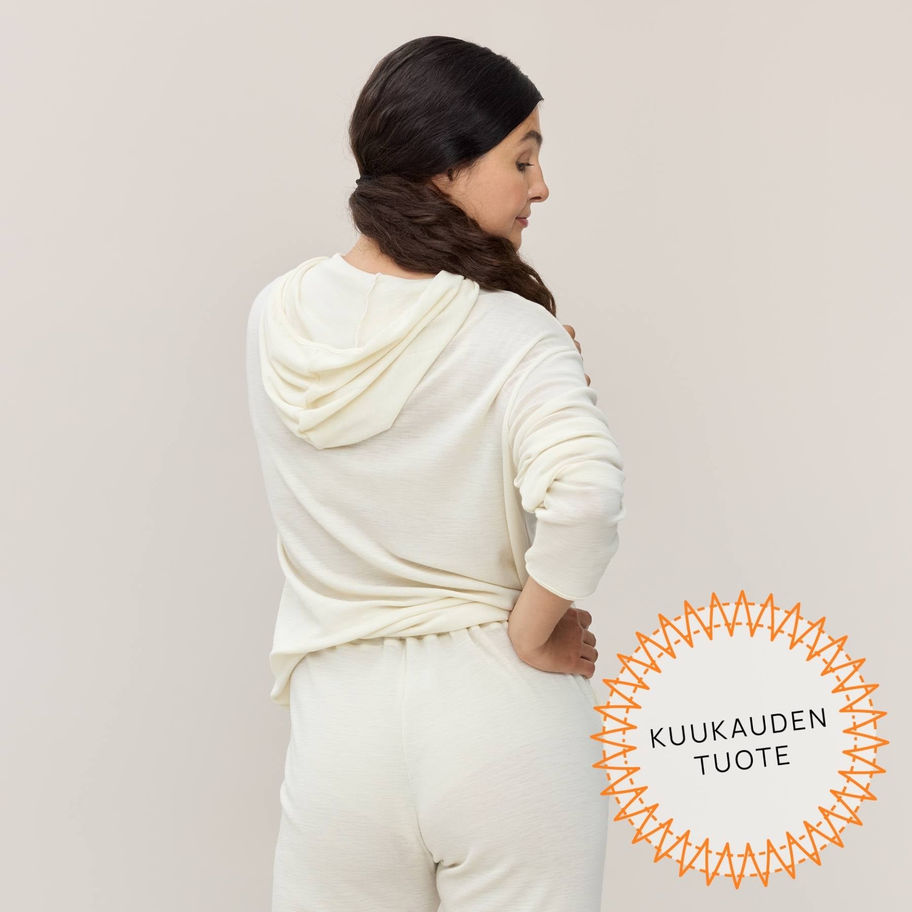 Takaapäin kuvattuna luonnonvalkoinen unisex huppari.