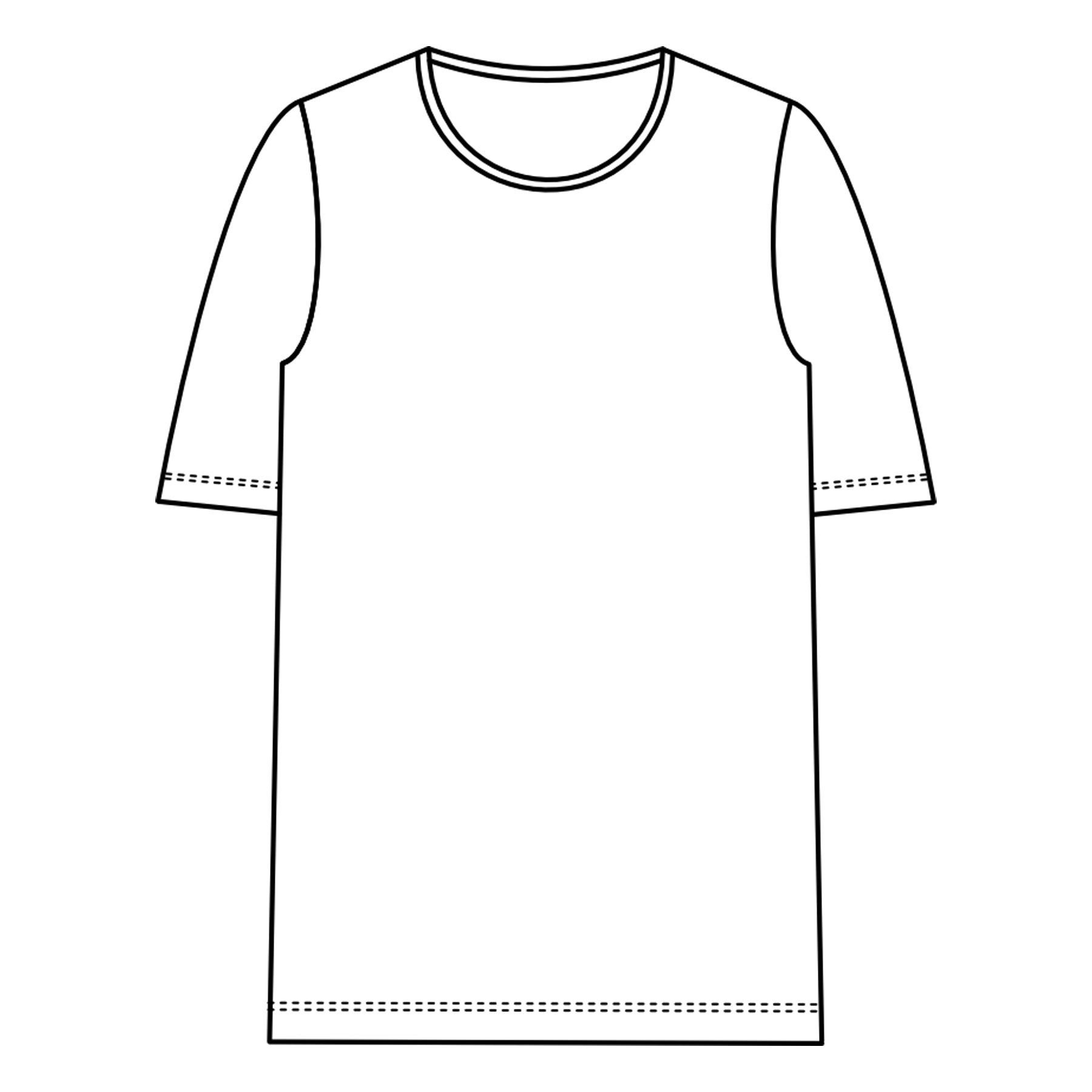 Viivapiirroskuva t-paidasta. Kuvasta näkee t-paidan muodon, joka on suora ja paidassa on pyöreä pääntie.