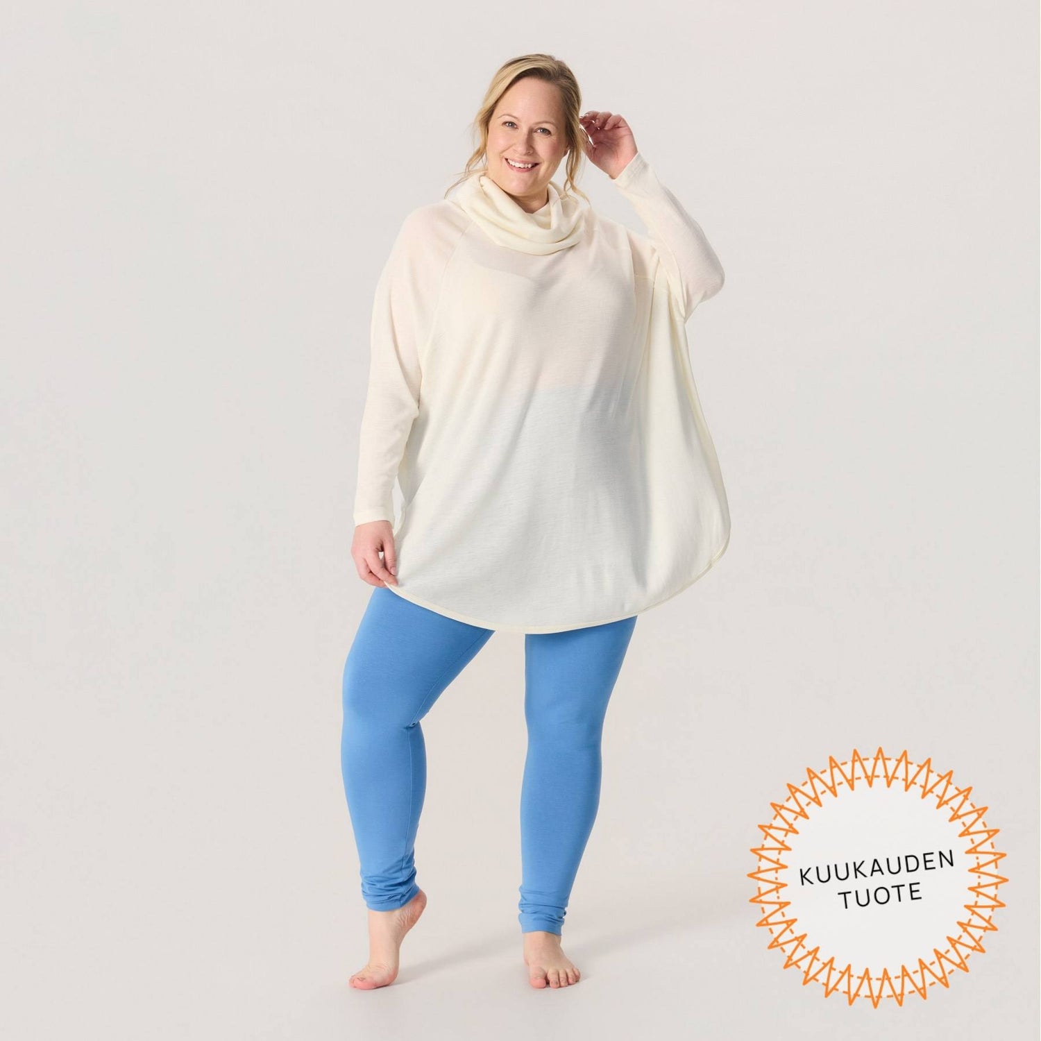 Harmaansiniset LEMPI bambuleggingsit ja luonnonvalkoinen merinosilkkinen neuletunika. Raikas ja pehmeä asukokonaisuus.