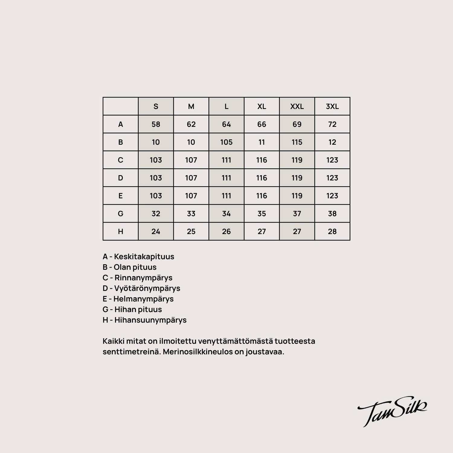 Tam Silkin KAIHO t-paidan mitat koottain